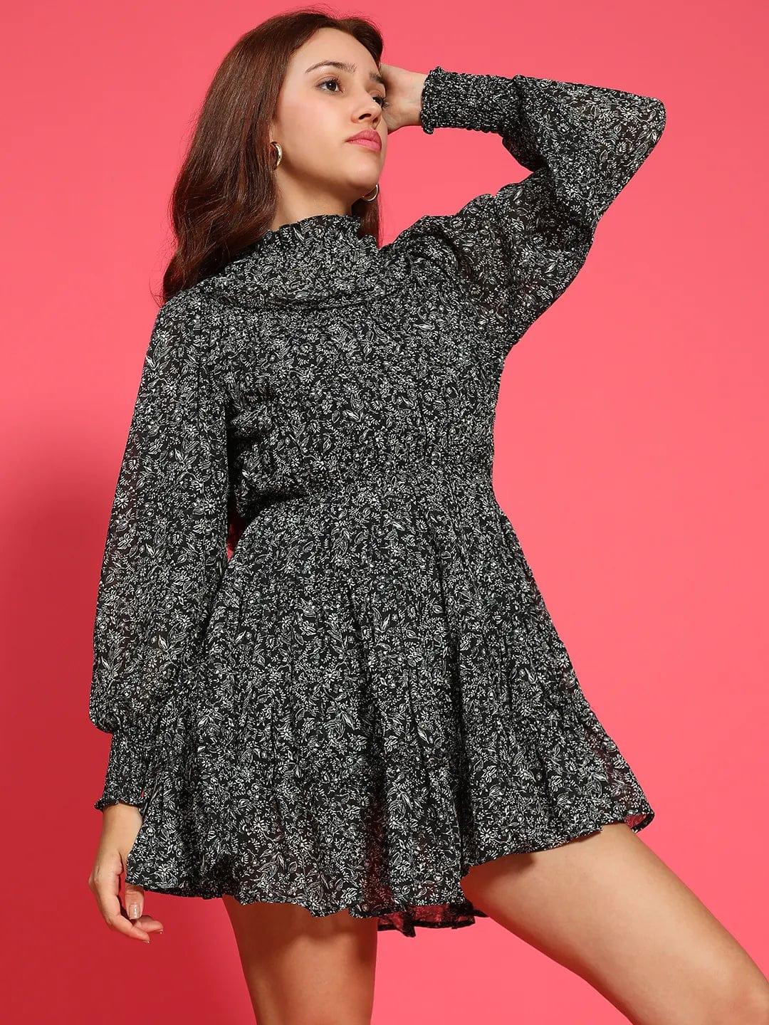 Impressive Black Floral Print Long Sleeve Ruffle Detail Women Dress