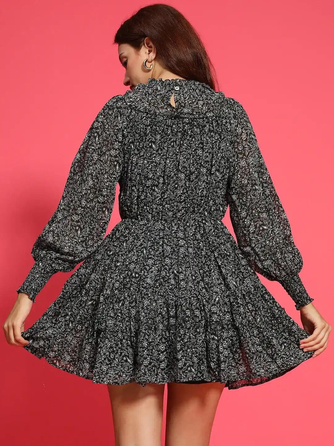 Impressive Black Floral Print Long Sleeve Ruffle Detail Women Dress