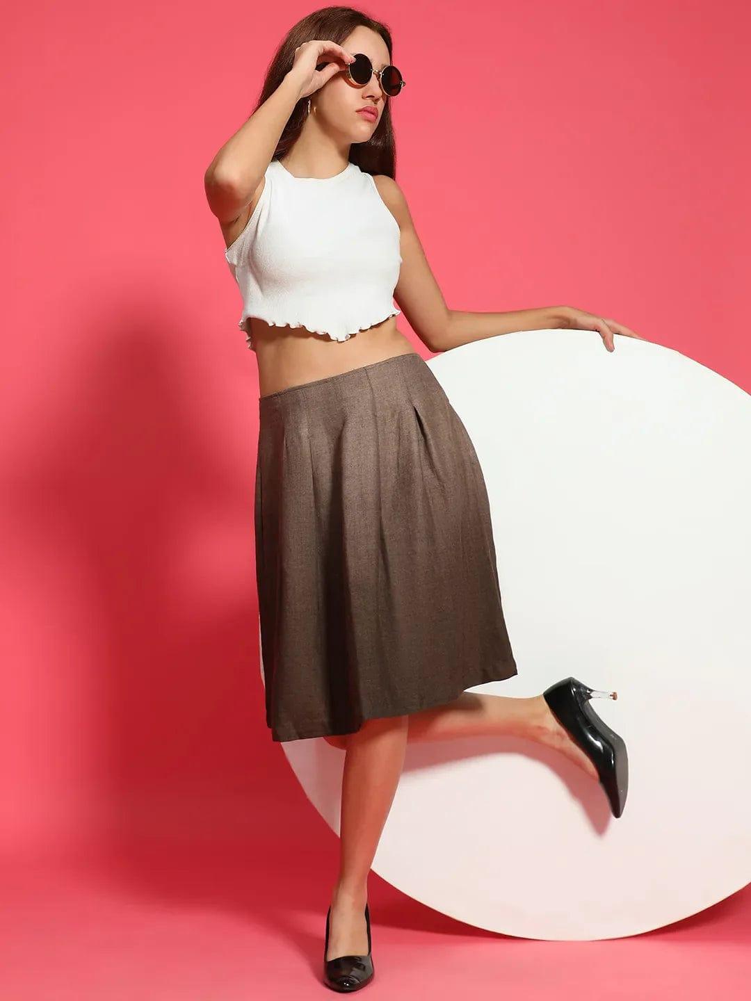 Sureak Brown Elasticated Pleated Knee length Women Skirt