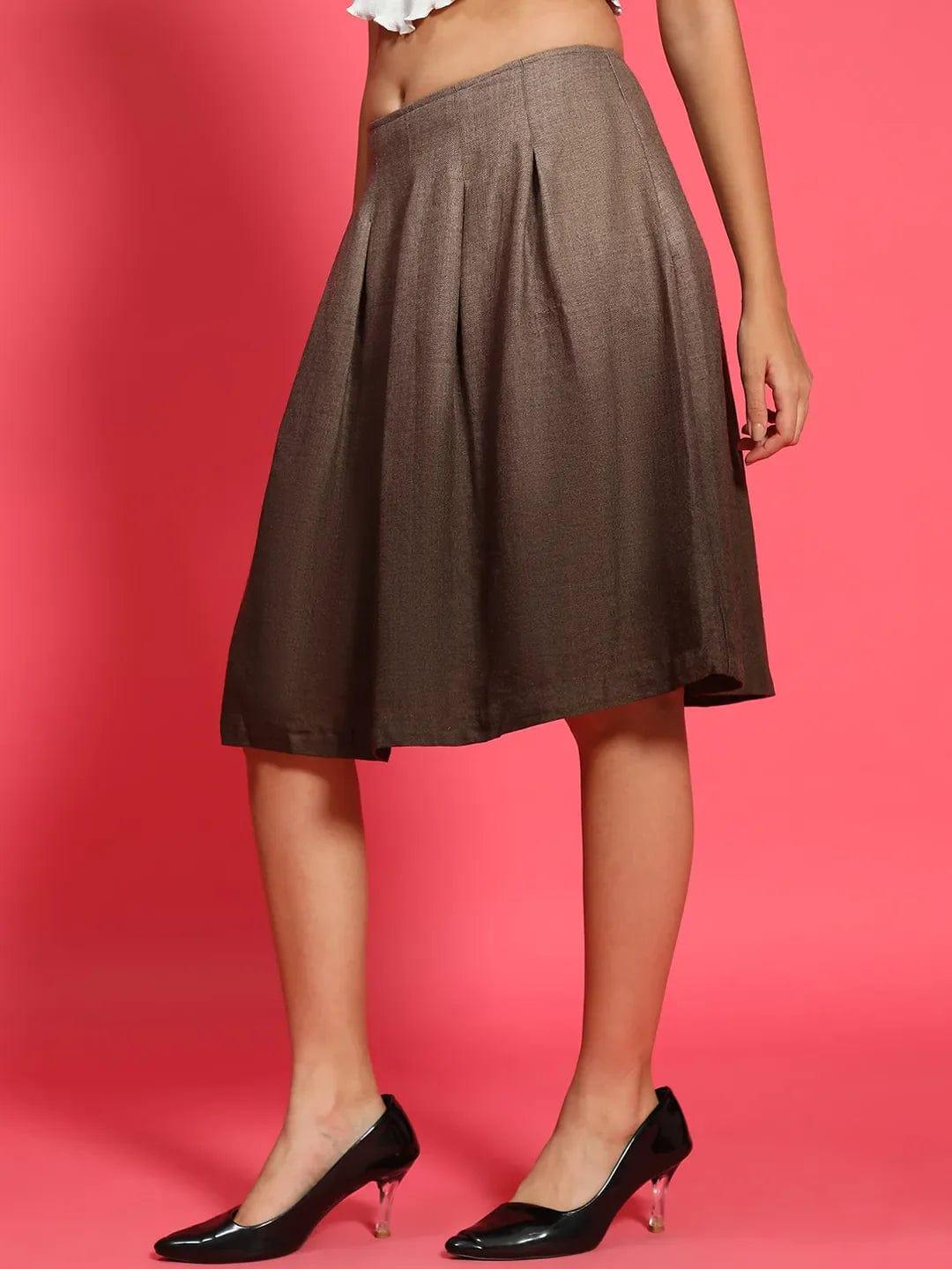 Sureak Brown Elasticated Pleated Knee length Women Skirt