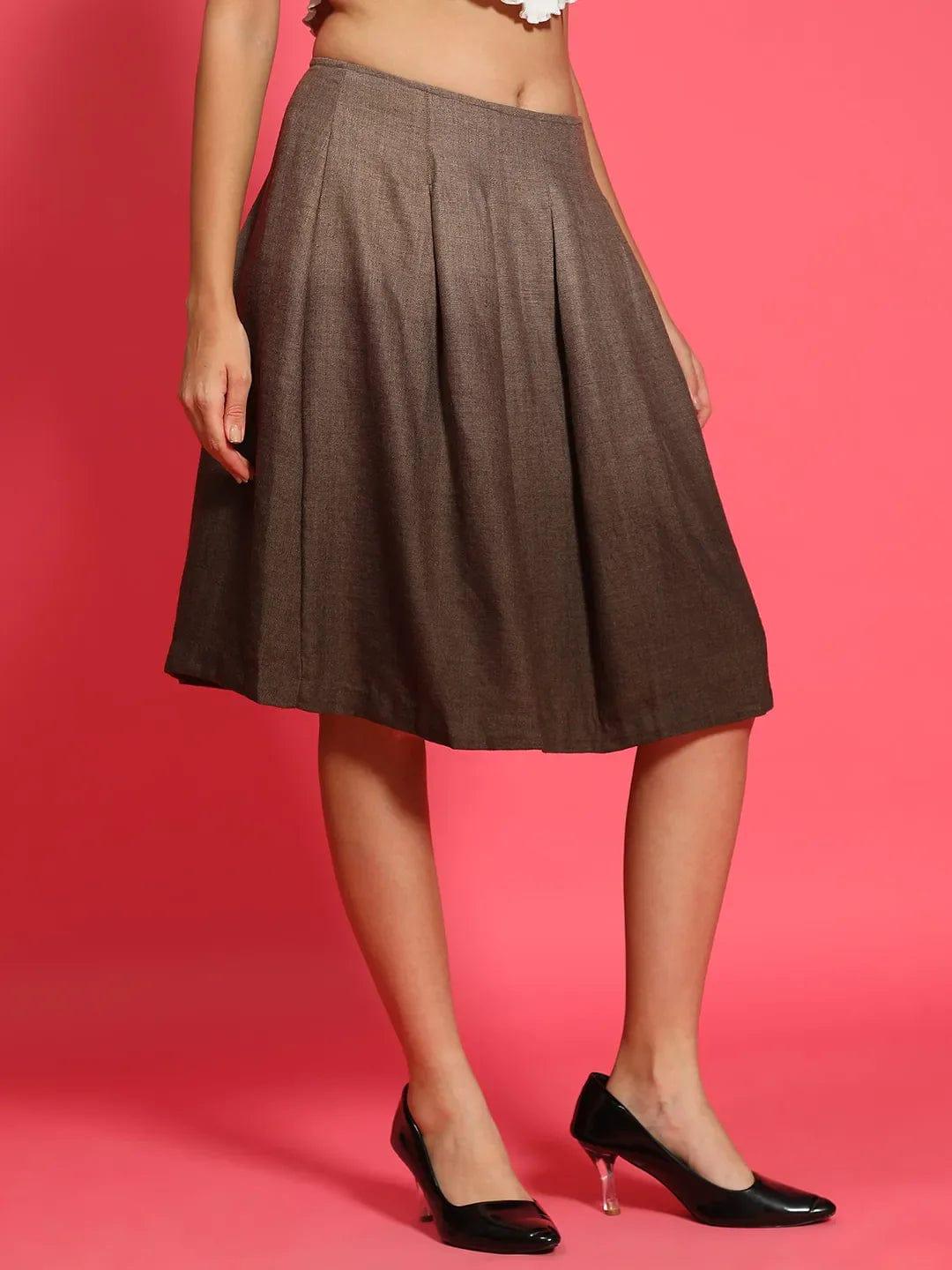 Sureak Brown Elasticated Pleated Knee length Women Skirt