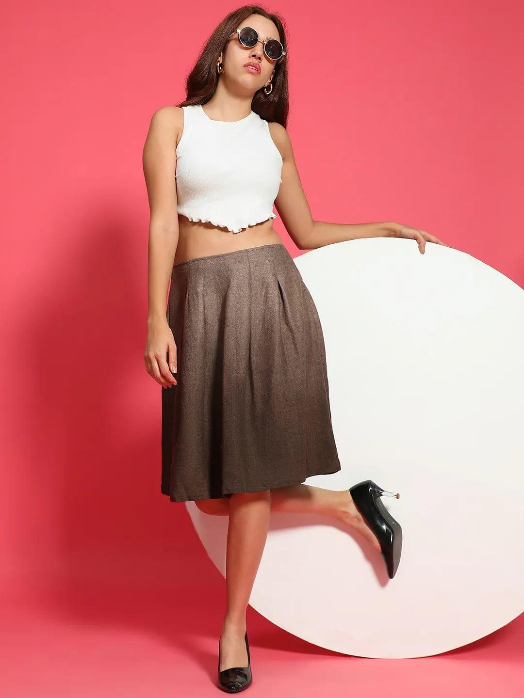 Sureak Brown Elasticated Pleated Knee length Women Skirt