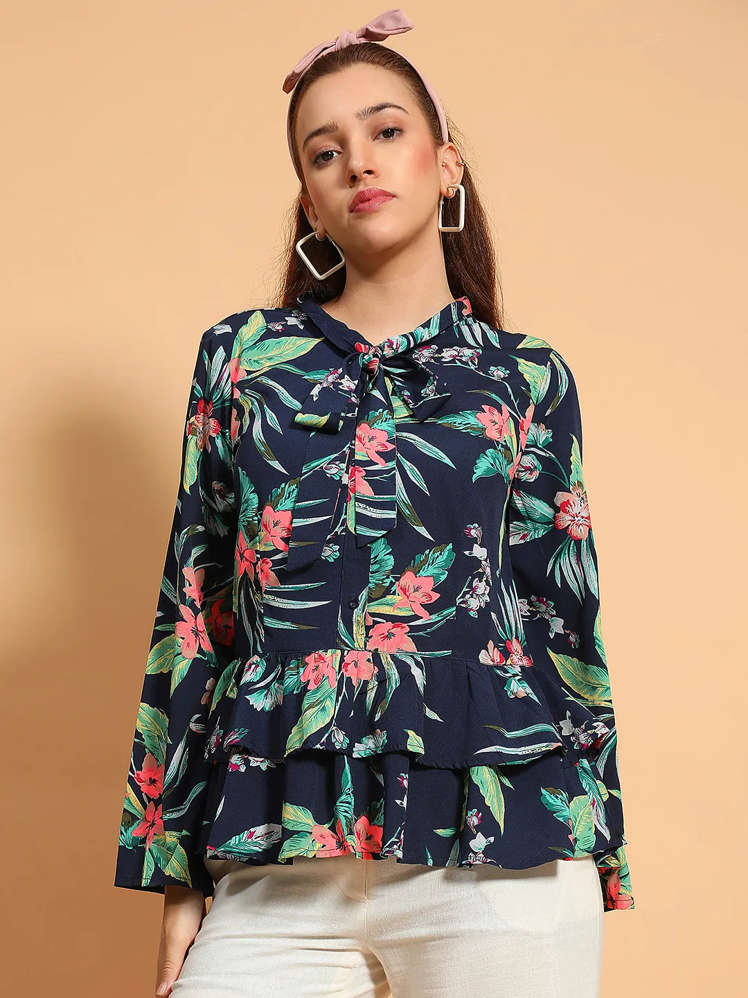 Multicolor Floral Print Long Sleeve Collar With Tie-Knot Button Down Women Shirt