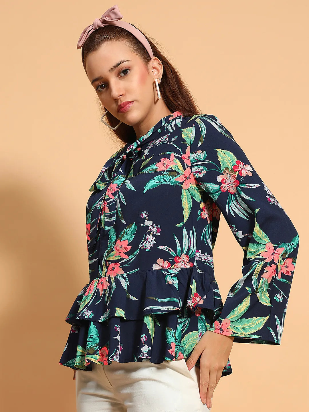 Multicolor Floral Print Long Sleeve Collar With Tie-Knot Button Down Women Shirt