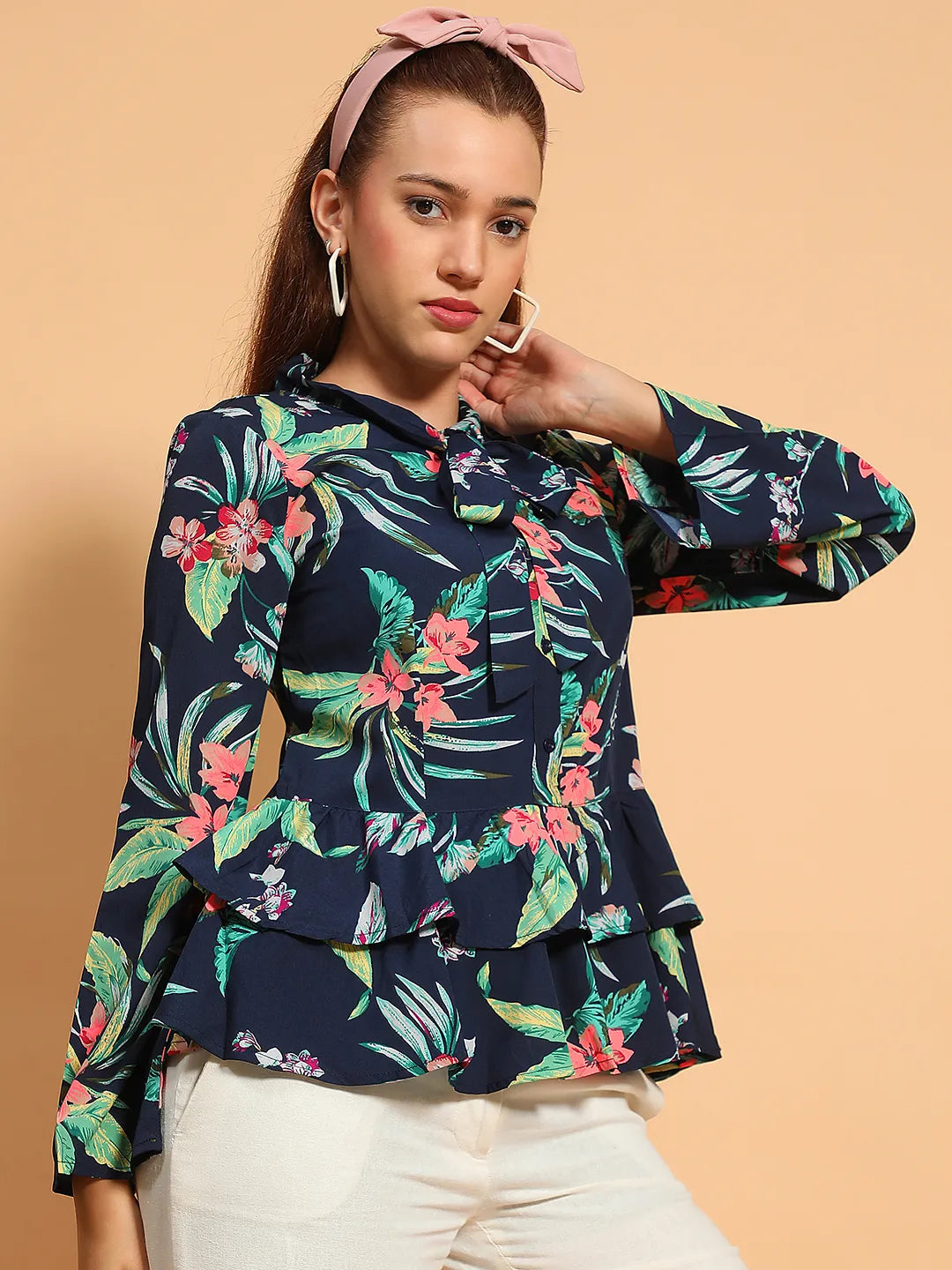 Multicolor Floral Print Long Sleeve Collar With Tie-Knot Button Down Women Shirt