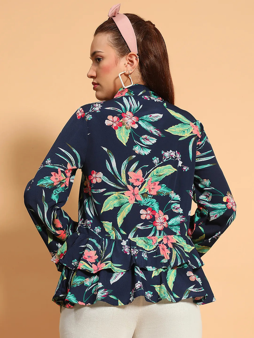 Multicolor Floral Print Long Sleeve Collar With Tie-Knot Button Down Women Shirt