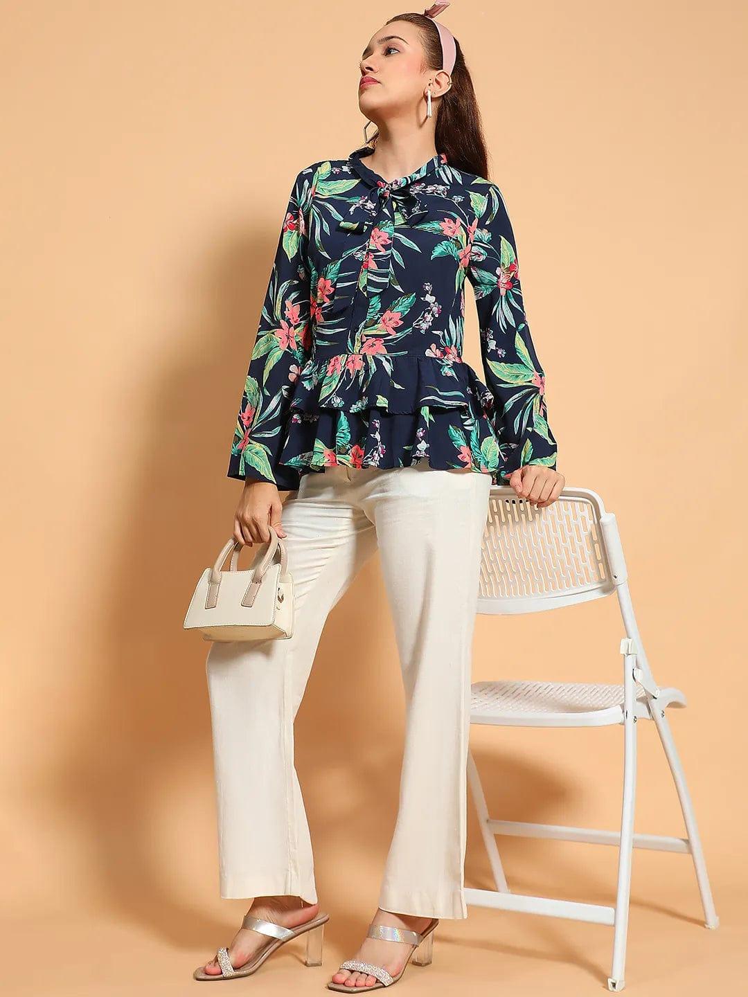 Multicolor Floral Print Long Sleeve Collar With Tie-Knot Button Down Women Shirt