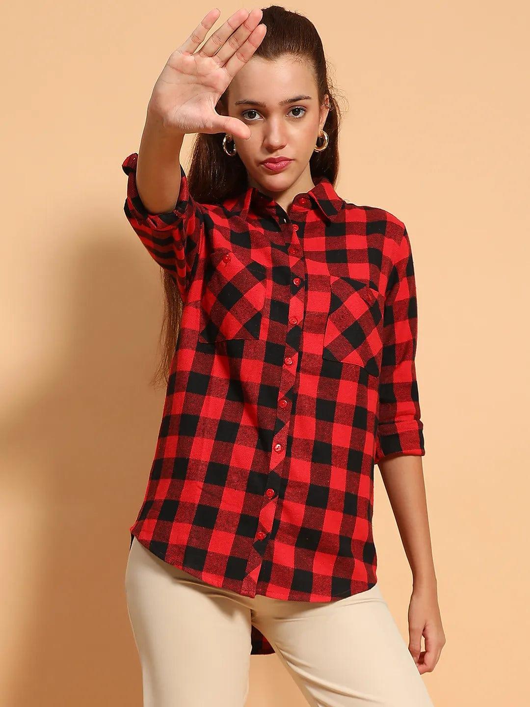 Outrageous Red Brush Check Print Collared Long Roll Up Sleeve Women Cotton Shirt