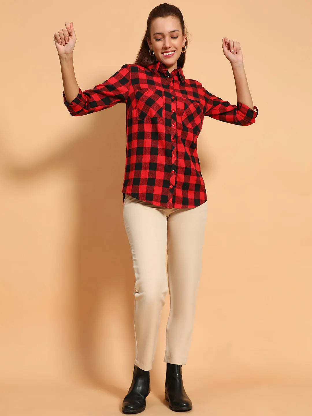 Outrageous Red Brush Check Print Collared Long Roll Up Sleeve Women Cotton Shirt