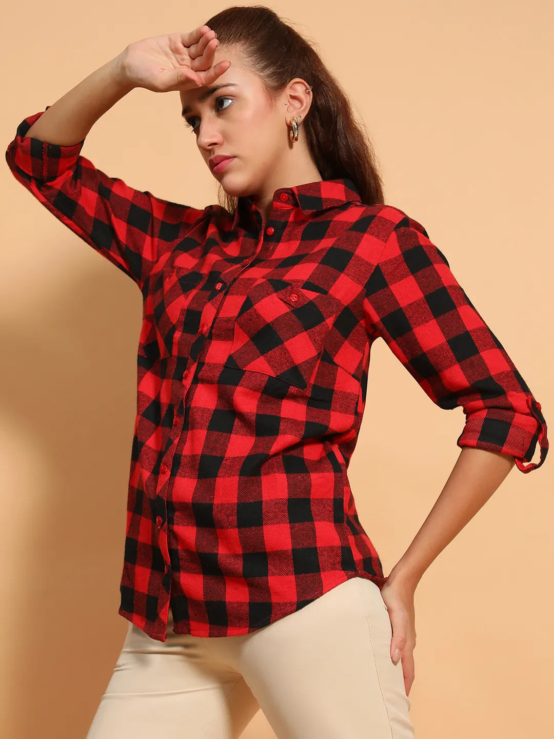 Outrageous Red Brush Check Print Collared Long Roll Up Sleeve Women Cotton Shirt