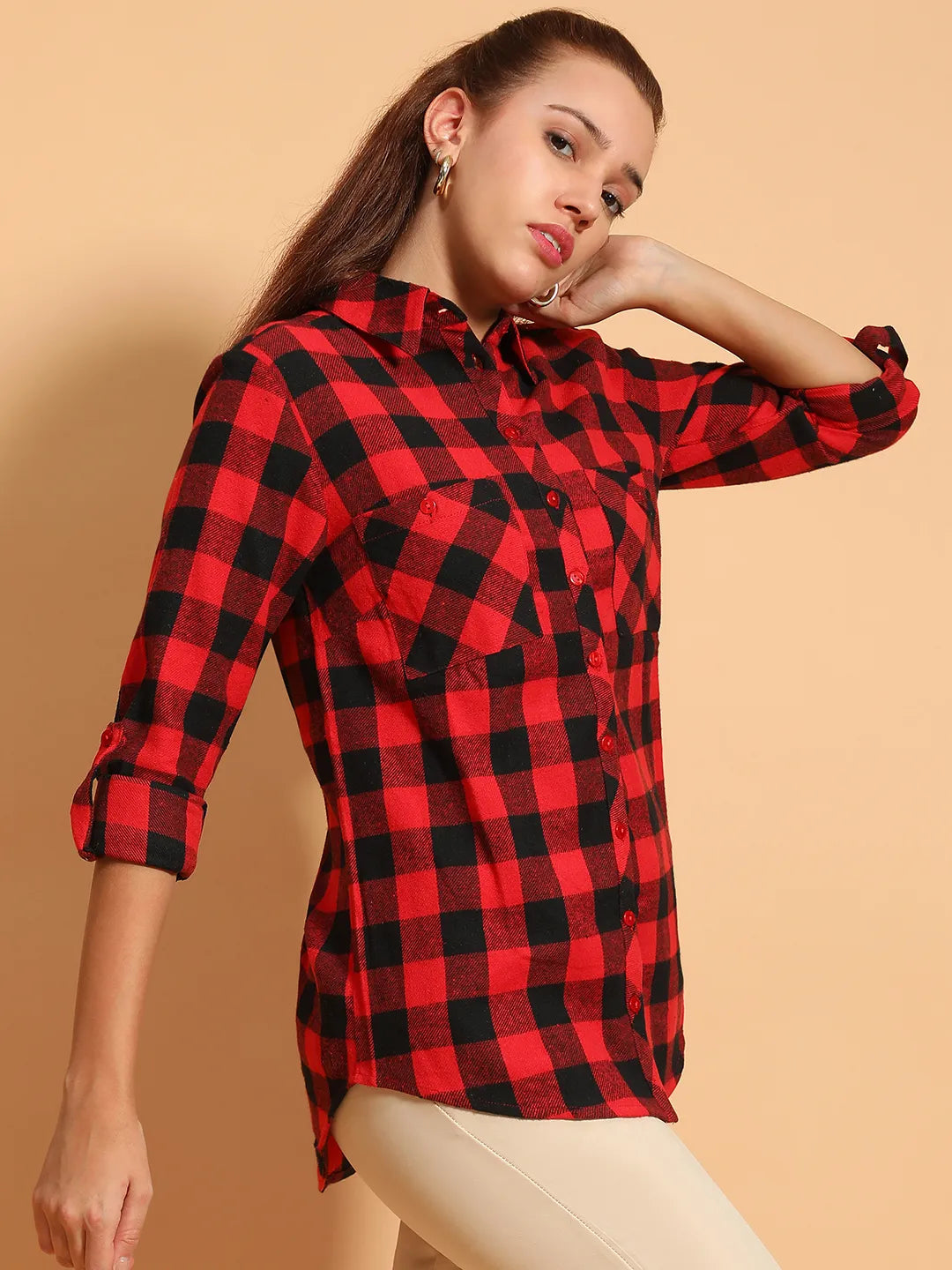 Outrageous Red Brush Check Print Collared Long Roll Up Sleeve Women Cotton Shirt