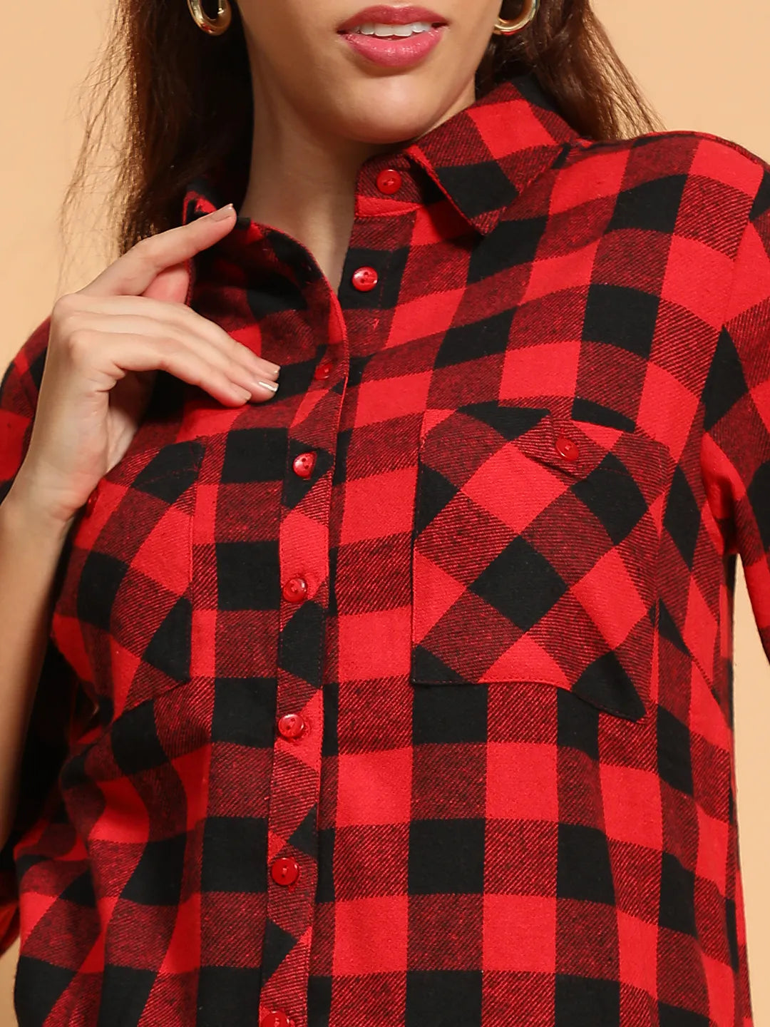 Outrageous Red Brush Check Print Collared Long Roll Up Sleeve Women Cotton Shirt