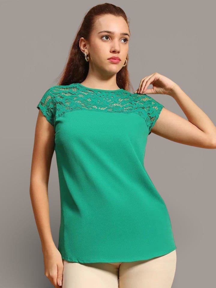 Green Lace Women Top - Chic Casual Short Sleeve Polyester Blouse With Round Neck