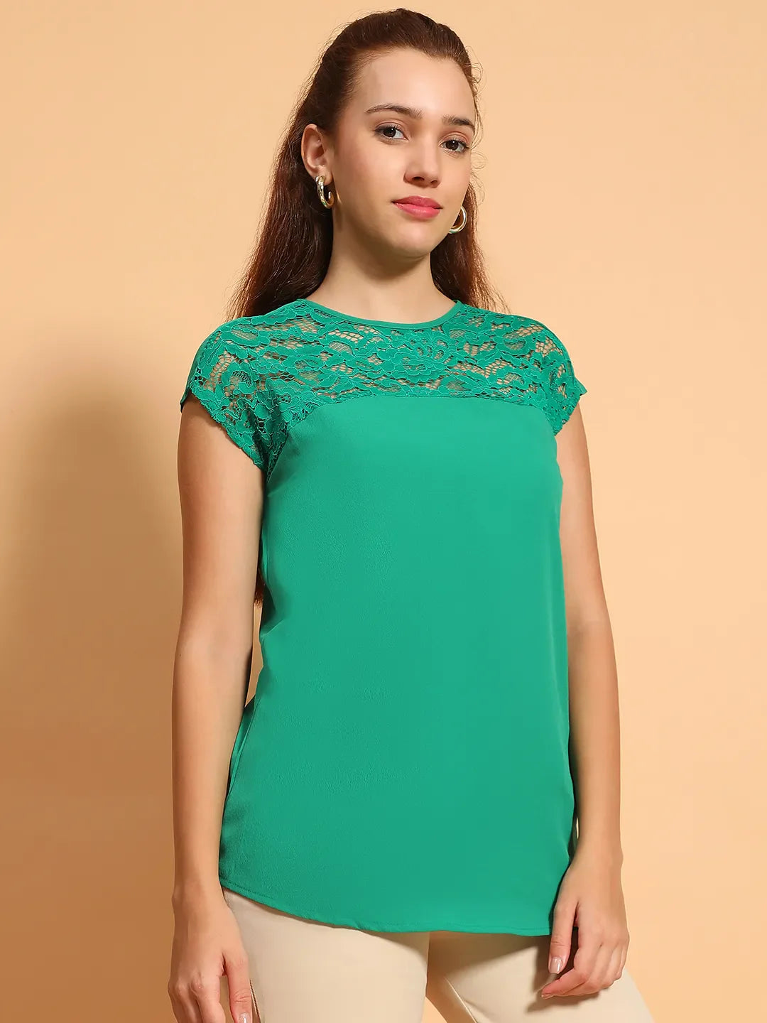 Bizzare Green Round Neck With Lace Detail Women Top