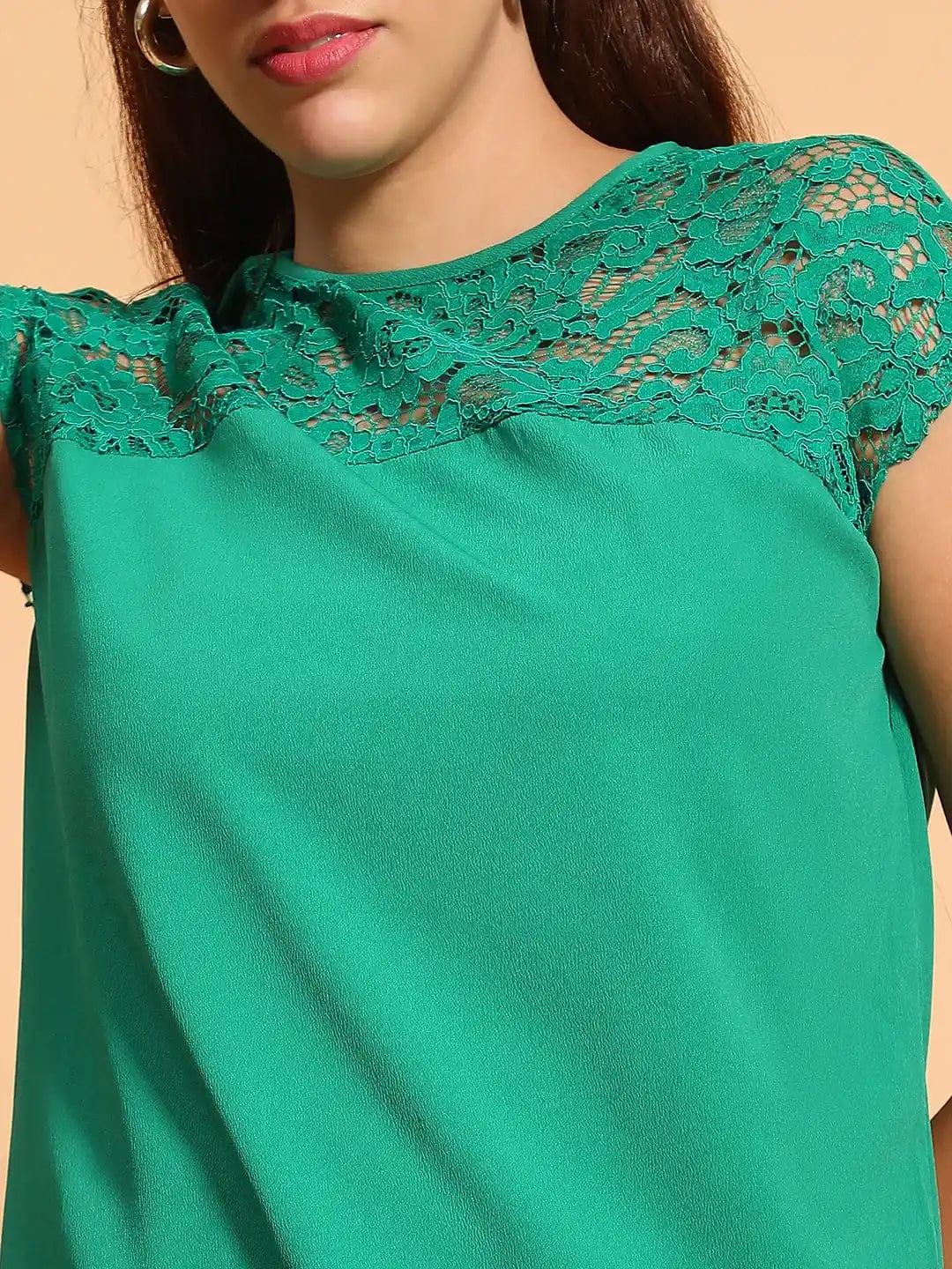 Bizzare Green Round Neck With Lace Detail Women Top