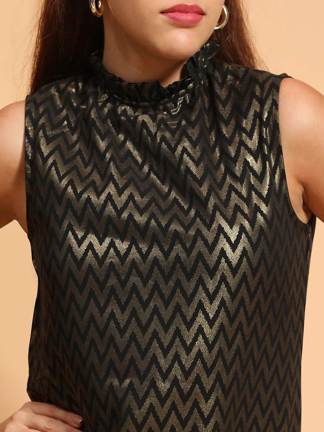 Ethereal Black Print Round Neck Smocked Sleevless Women Partywear Top