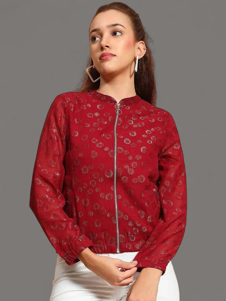 Thrilling Maroon Round Neck Long Sleeve Zip Lined Lace Detail Women Winter Wear Jacket
