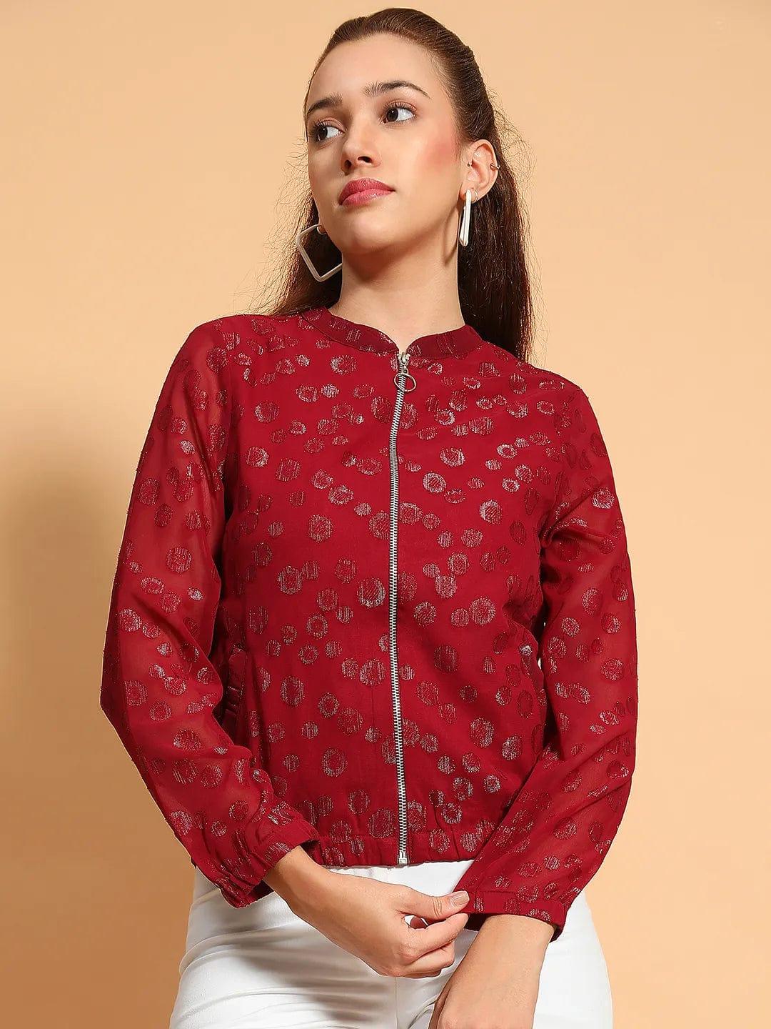 Thrilling Maroon Round Neck Long Sleeve Zip Lined Lace Detail Women Winter Wear Jacket