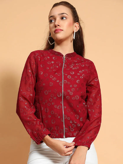 Thrilling Maroon Round Neck Long Sleeve Zip Lined Lace Detail Women Jacket