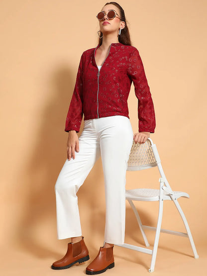 Thrilling Maroon Round Neck Long Sleeve Zip Lined Lace Detail Women Jacket