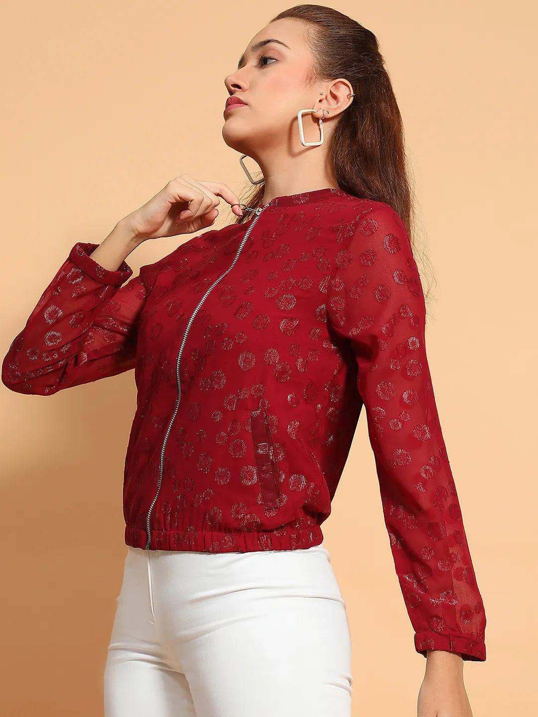 Thrilling Maroon Round Neck Long Sleeve Zip Lined Lace Detail Women Winter Wear Jacket