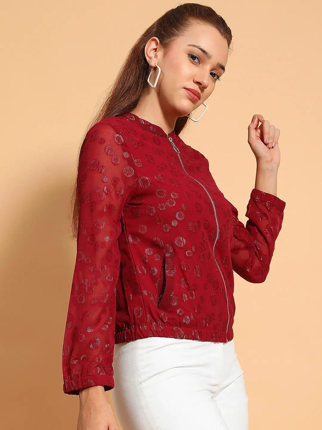 Thrilling Maroon Round Neck Long Sleeve Zip Lined Lace Detail Women Winter Wear Jacket