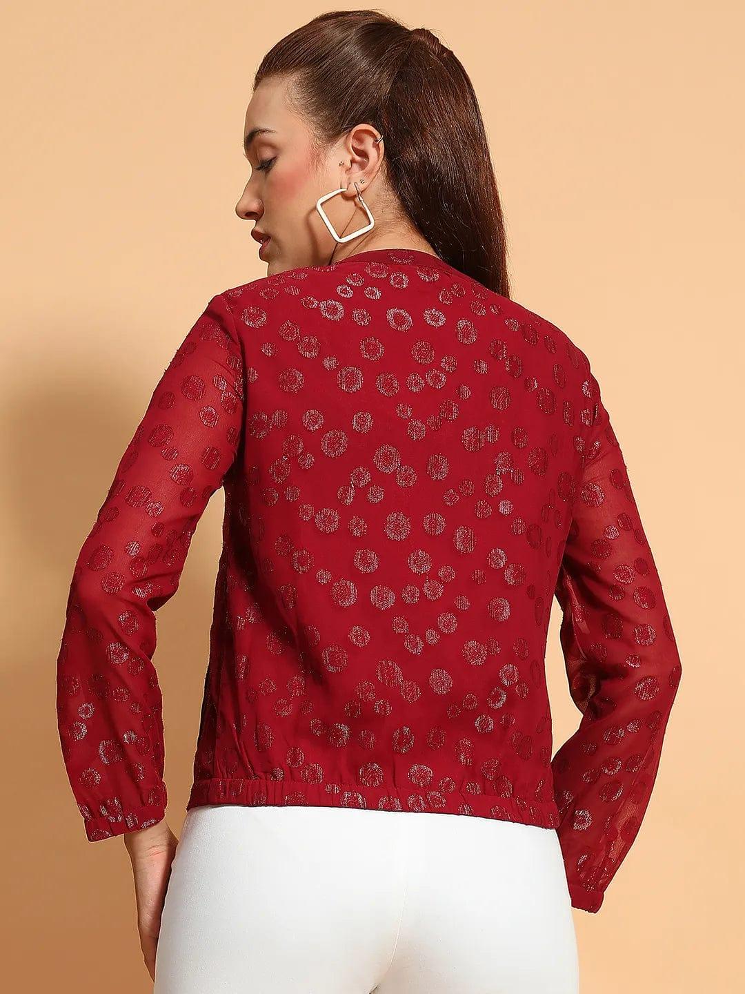 Thrilling Maroon Round Neck Long Sleeve Zip Lined Lace Detail Women Winter Wear Jacket