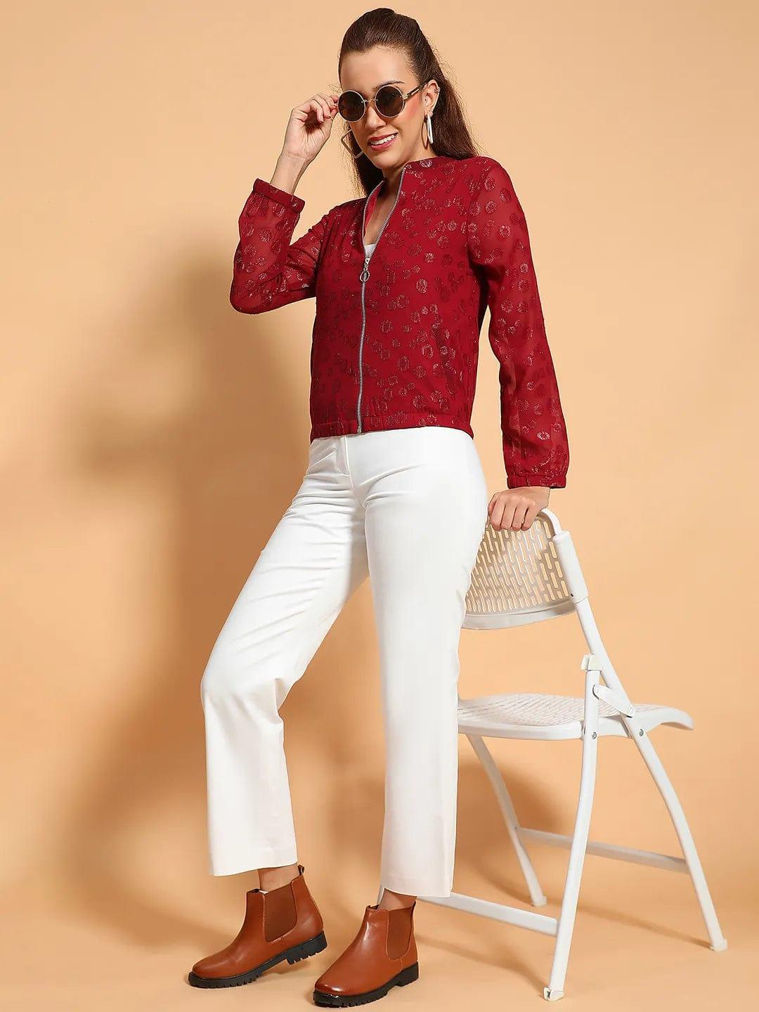 Thrilling Maroon Round Neck Long Sleeve Zip Lined Lace Detail Women Winter Wear Jacket