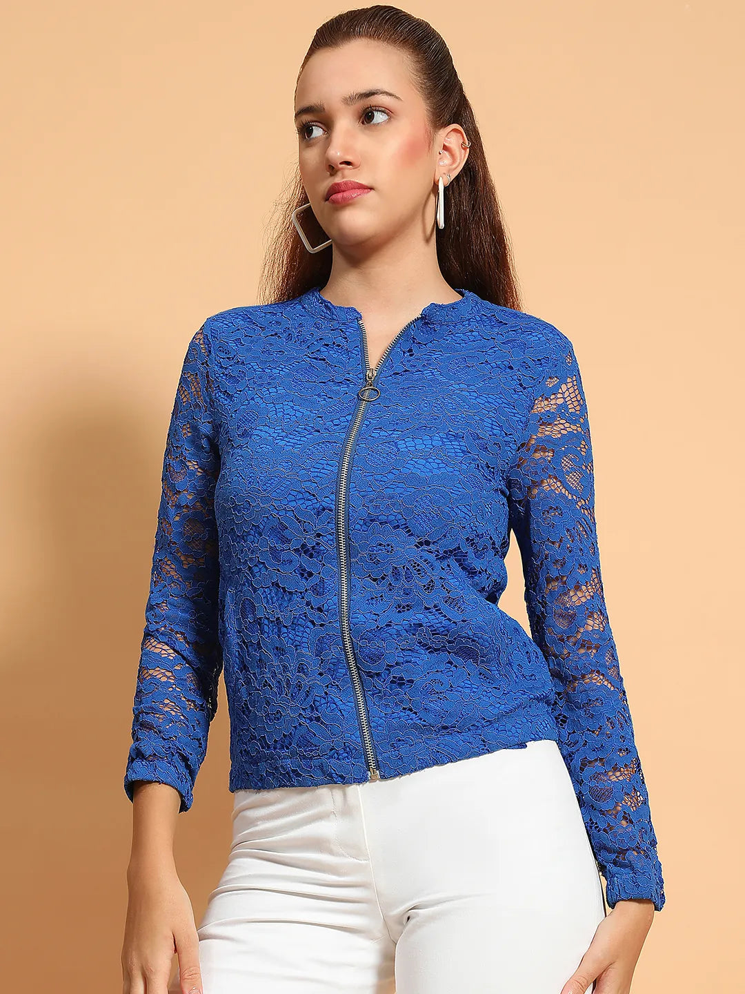 Mesmeric Blue Round Neck Long Sleeve Zip Lined Lace Detail Women Jacket