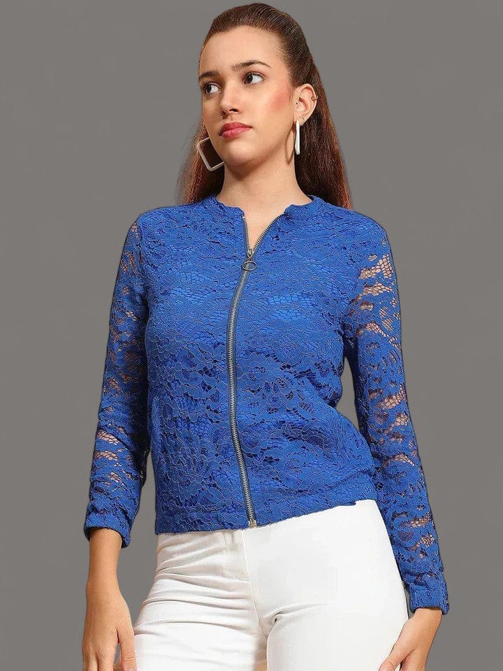 Mesmeric Blue Round Neck Long Sleeve Zip Lined Lace Detail Women Winter Wear Jacket