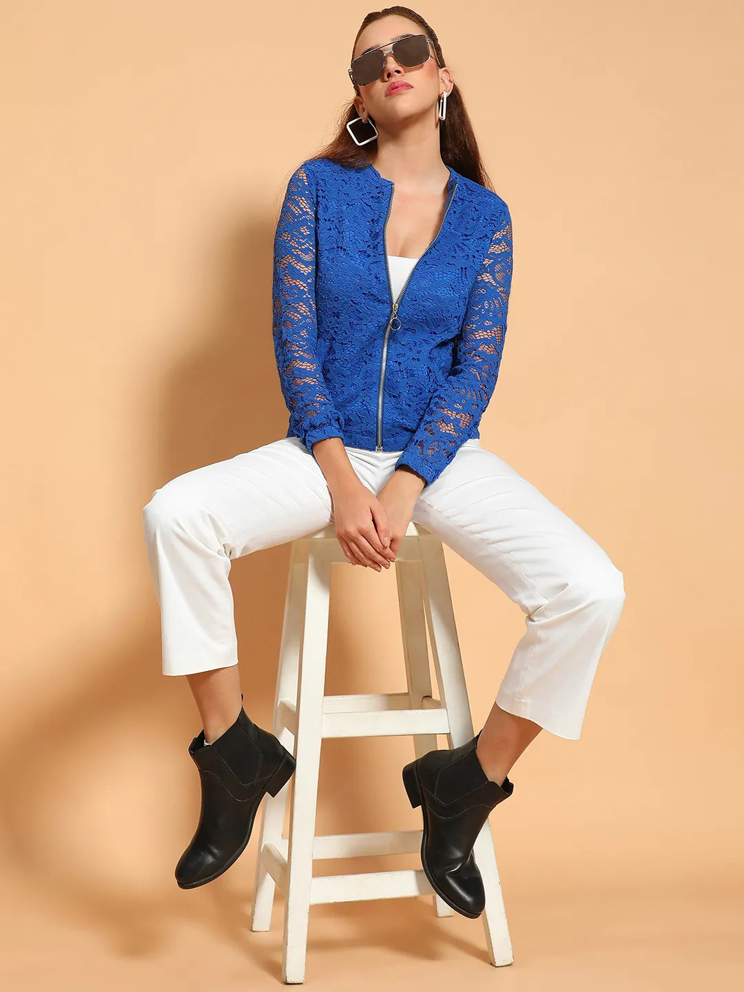 Mesmeric Blue Round Neck Long Sleeve Zip Lined Lace Detail Women Jacket