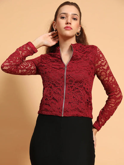 Sensation Maroon Lurex Print Long Sleeve Round Neck Zip Lined Women Jacket