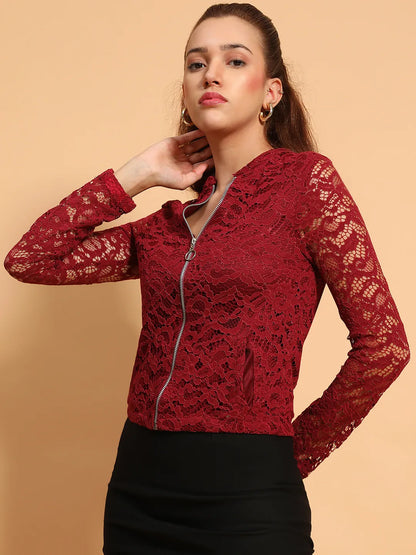 Sensation Maroon Lurex Print Long Sleeve Round Neck Zip Lined Women Jacket