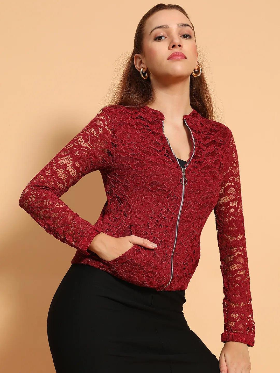 Sensation Maroon Lurex Print Long Sleeve Round Neck Zip Lined Women Winter Wear Jacket