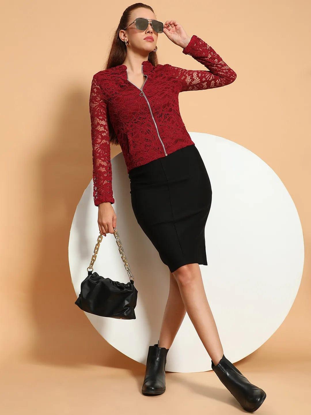 Sensation Maroon Lurex Print Long Sleeve Round Neck Zip Lined Women Winter Wear Jacket