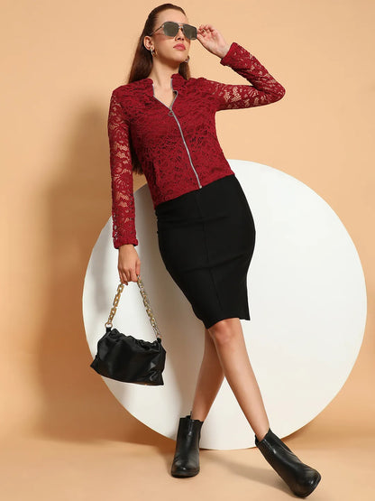 Sensation Maroon Lurex Print Long Sleeve Round Neck Zip Lined Women Jacket