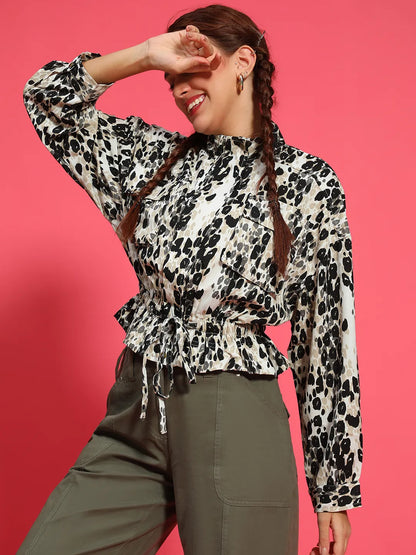 Multicolor Animal Print Long Sleeve Button Down  Elasticated Women Bomber Jacket