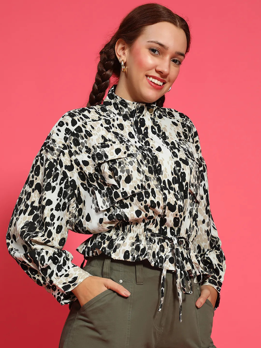 Multicolor Animal Print Long Sleeve Button Down  Elasticated Women Bomber Jacket