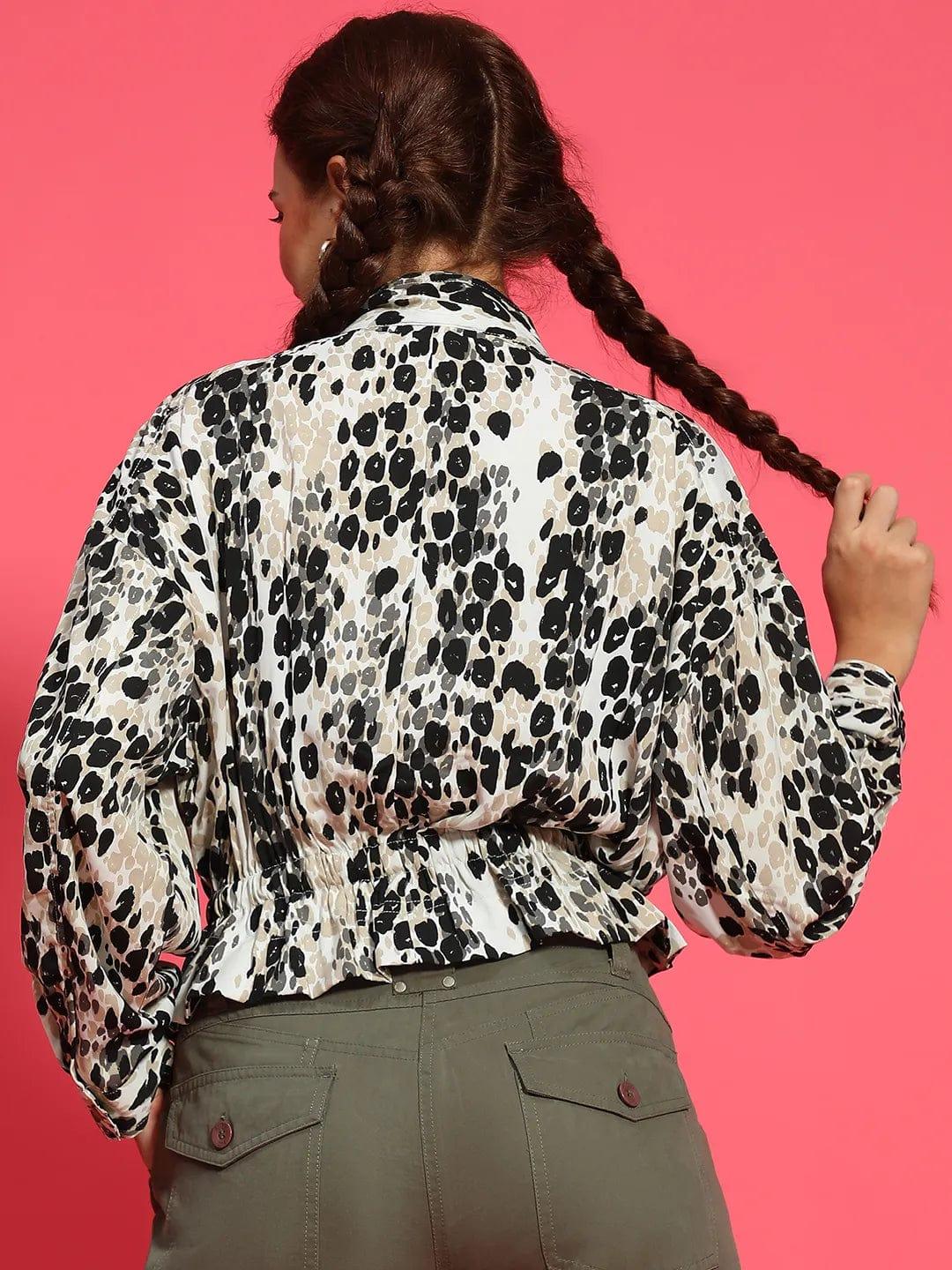 Multicolor Animal Print Long Sleeve Button Down  Elasticated Women Winter Wear Bomber Jacket