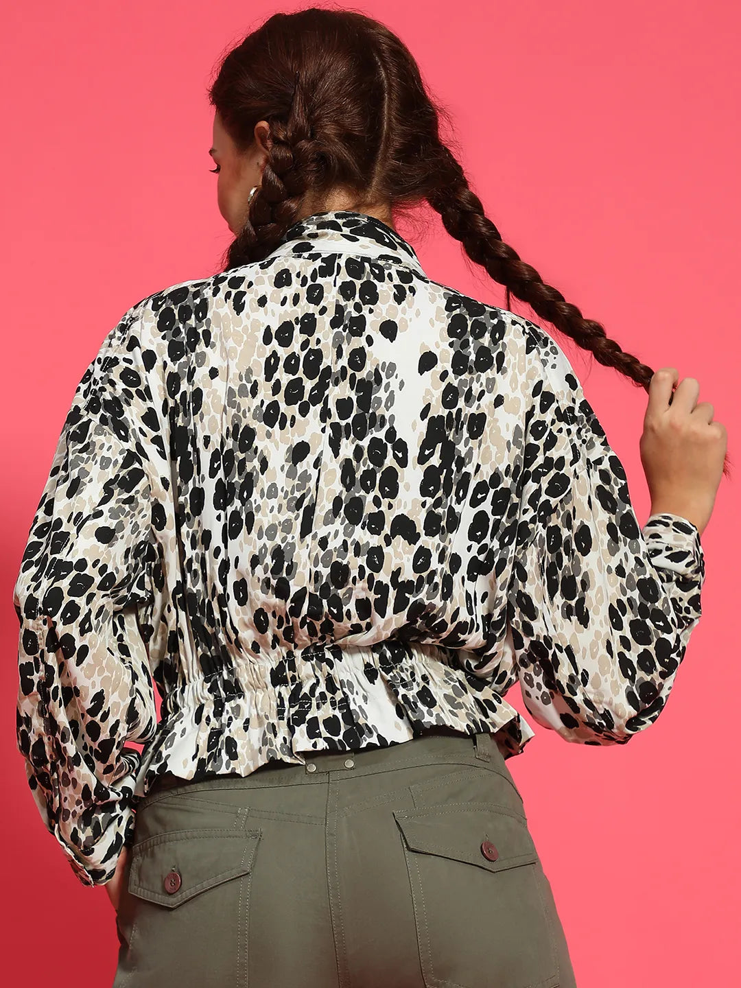 Multicolor Animal Print Long Sleeve Button Down  Elasticated Women Bomber Jacket