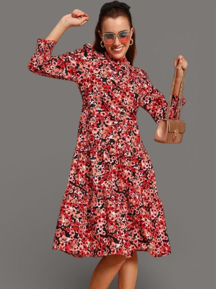 Floral Cotton Shirt Dress - Women's Button Down Mandarin Collar Long Sleeve Casual Dress