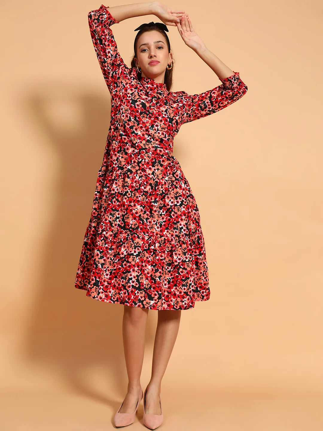 Multicolor Floral Print  Mandarin Collar Long Sleeve Button Down Women Cotton Shirt  Dress