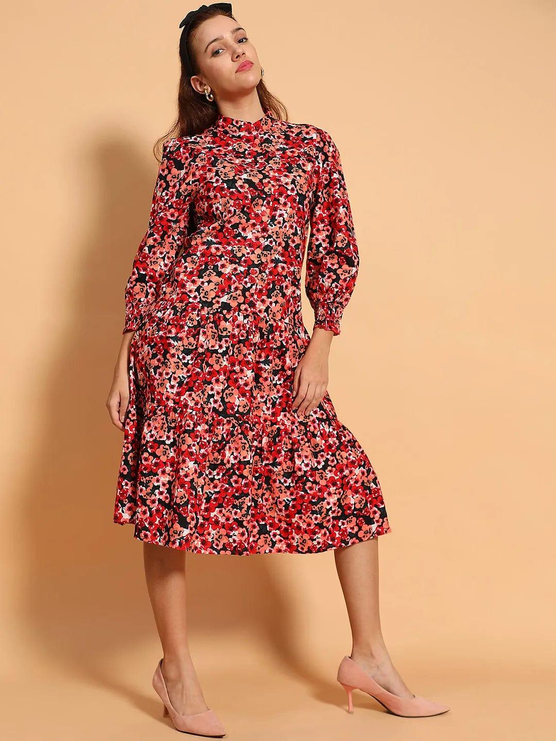 Multicolor Floral Print  Mandarin Collar Long Sleeve Button Down Women Cotton Shirt Women Dress