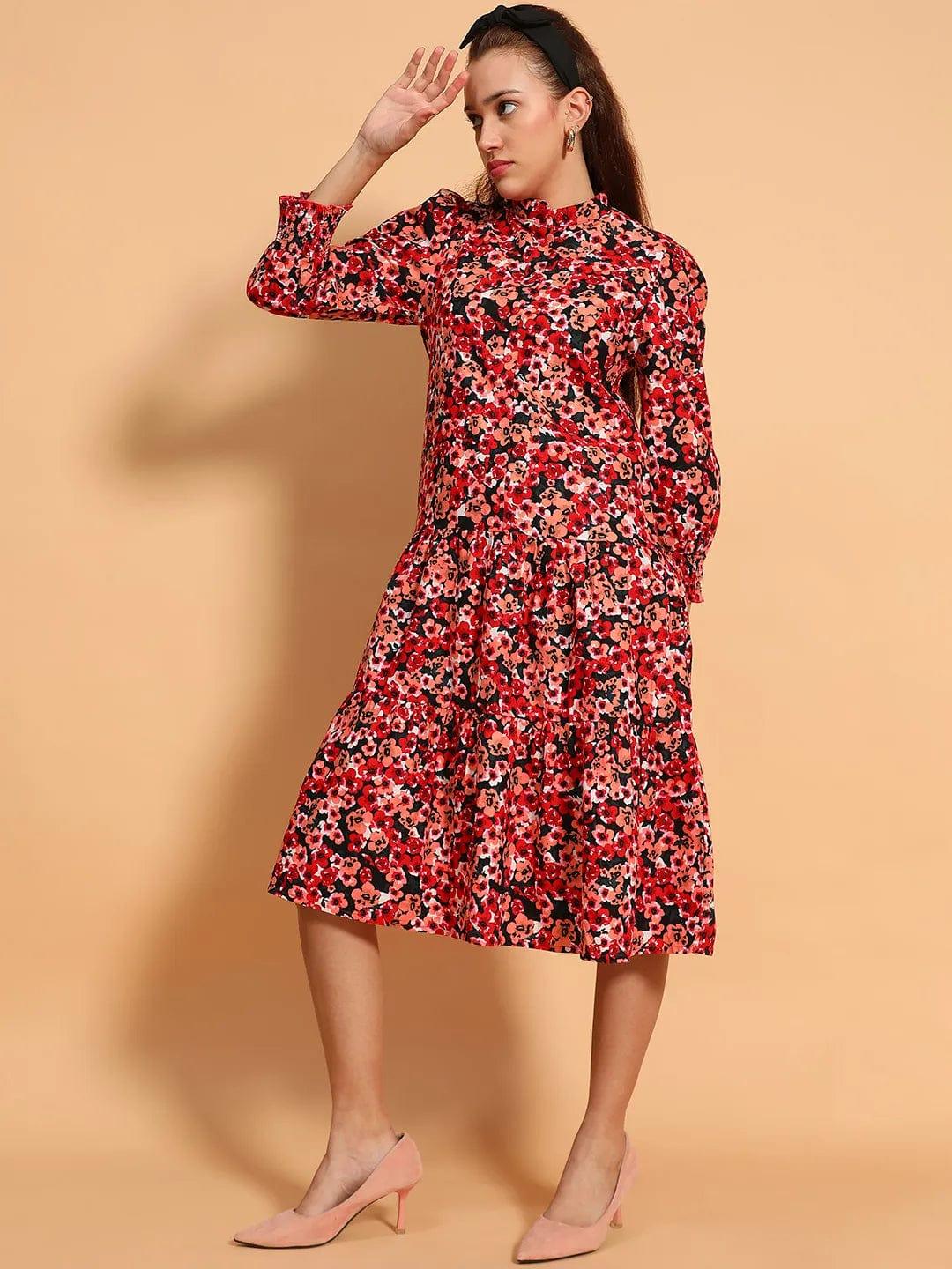 Multicolor Floral Print  Mandarin Collar Long Sleeve Button Down Women Cotton Shirt Women Dress