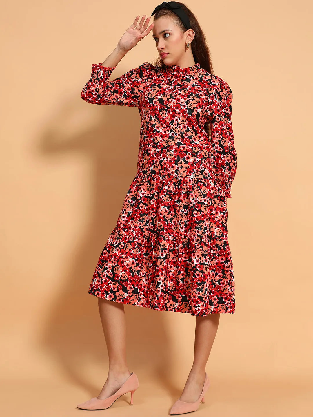 Multicolor Floral Print  Mandarin Collar Long Sleeve Button Down Women Cotton Shirt  Dress