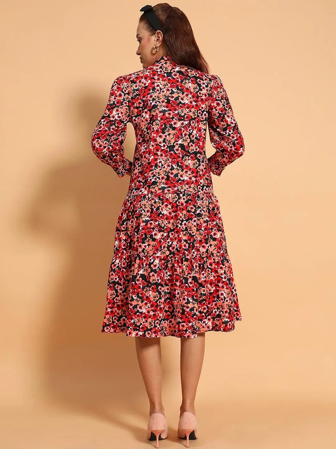 Multicolor Floral Print  Mandarin Collar Long Sleeve Button Down Women Cotton Shirt Women Dress