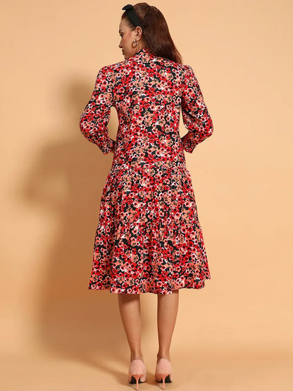 Multicolor Floral Print  Mandarin Collar Long Sleeve Button Down Women Cotton Shirt  Dress