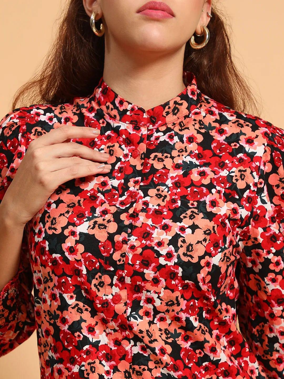 Multicolor Floral Print  Mandarin Collar Long Sleeve Button Down Women Cotton Shirt Women Dress