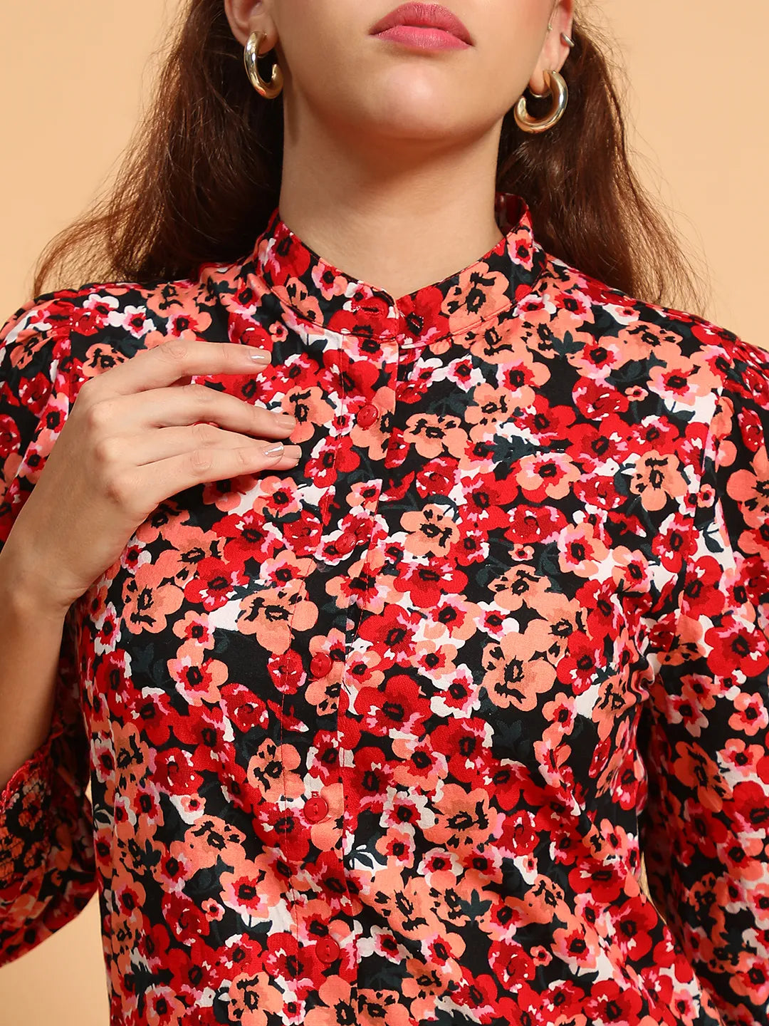 Multicolor Floral Print  Mandarin Collar Long Sleeve Button Down Women Cotton Shirt  Dress