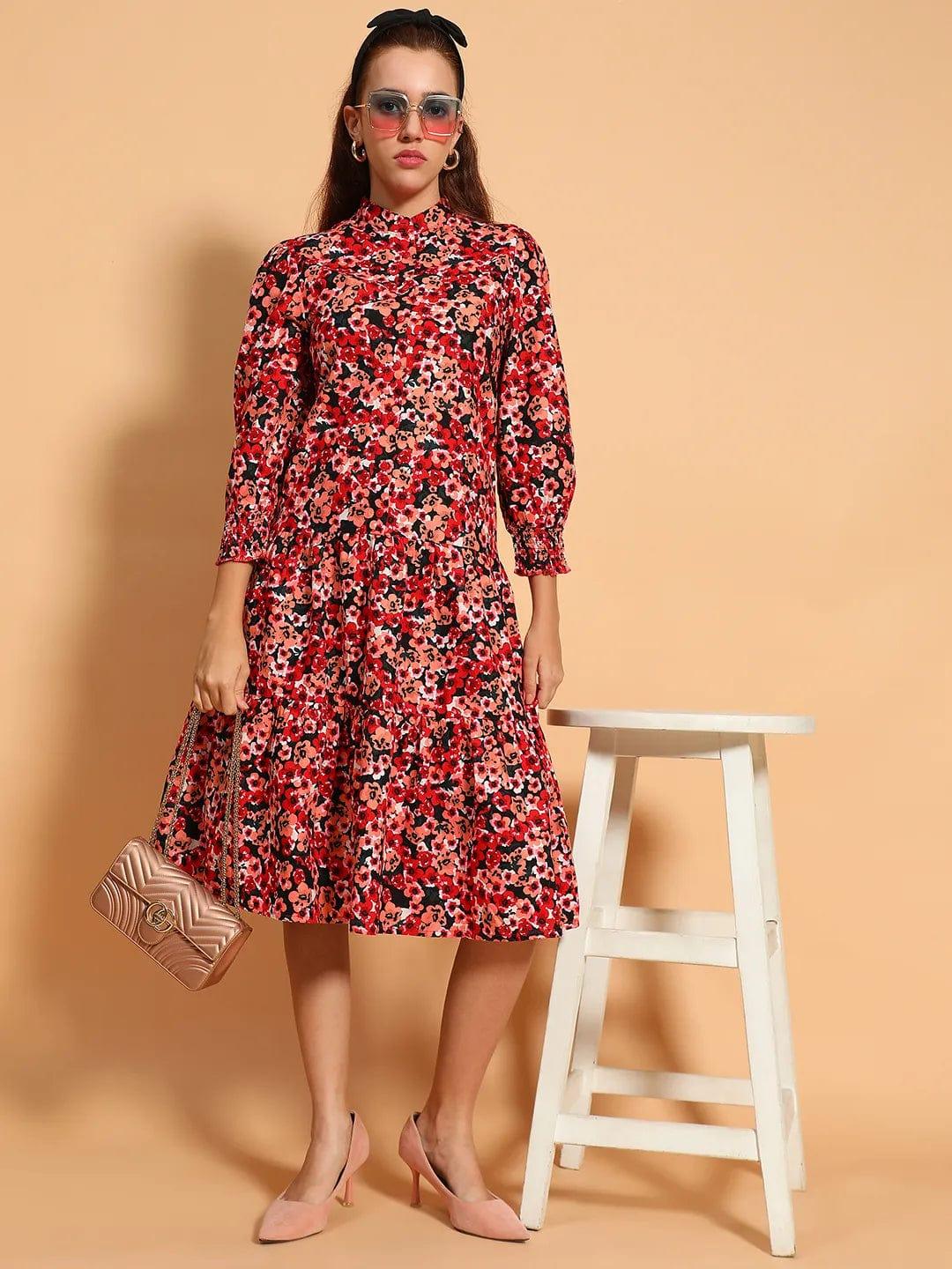 Multicolor Floral Print  Mandarin Collar Long Sleeve Button Down Women Cotton Shirt Women Dress